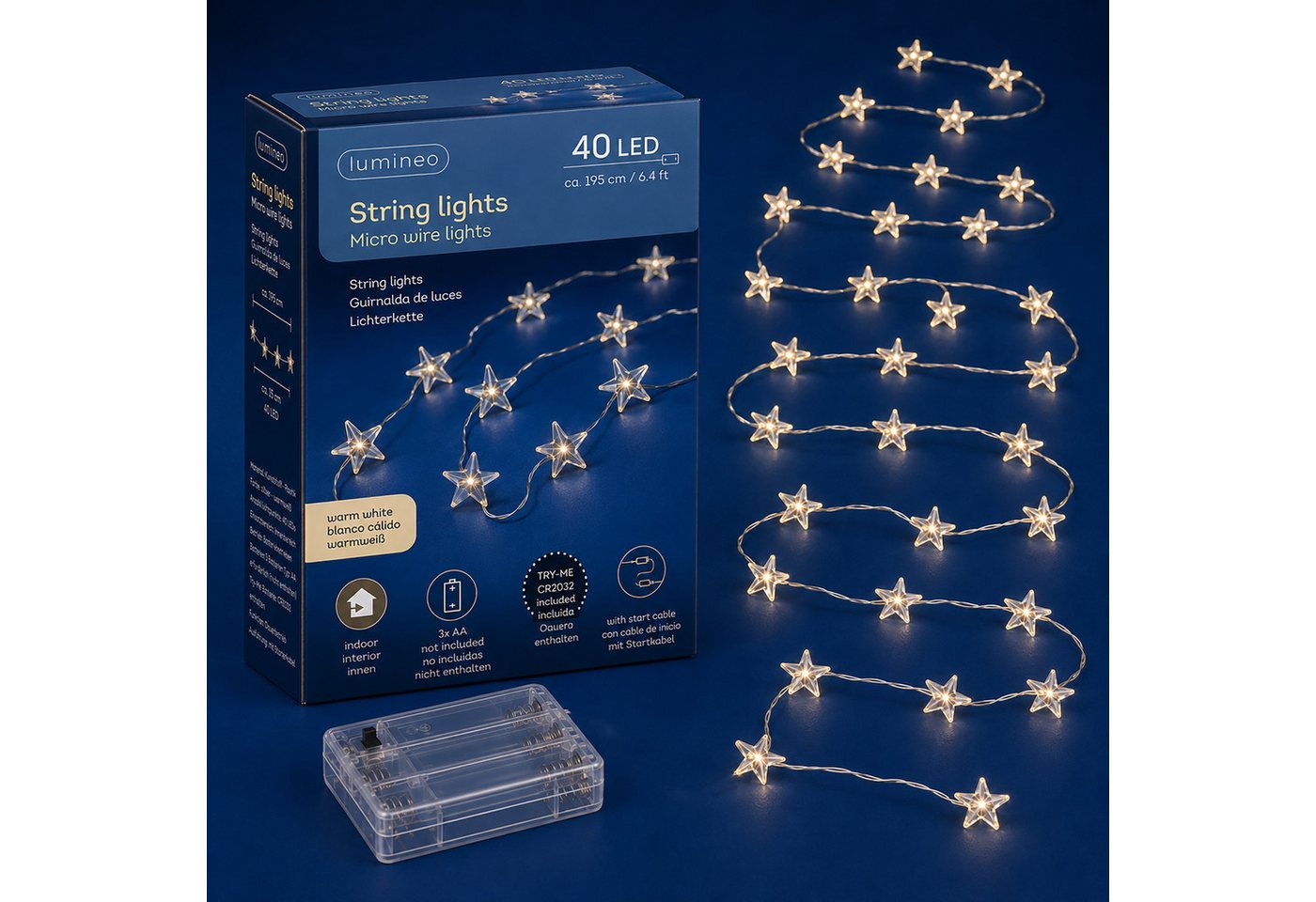 Lumineo LED-Lichterkette, LED Draht Lichterkette 1,95m mit Sternen 40 Micro-LEDs Warmweiß Silber Bild 2