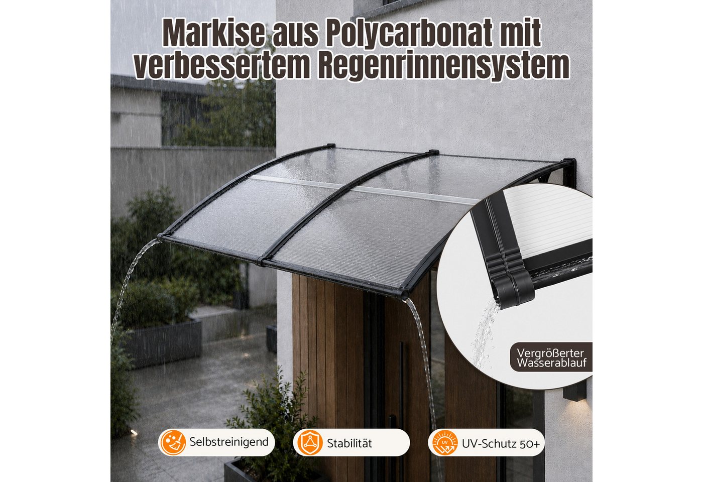 Clanmacy Vordach Haustürvordach mit Regenrinne 200x100 cm, Polycarbonat, Transparent Bild 2