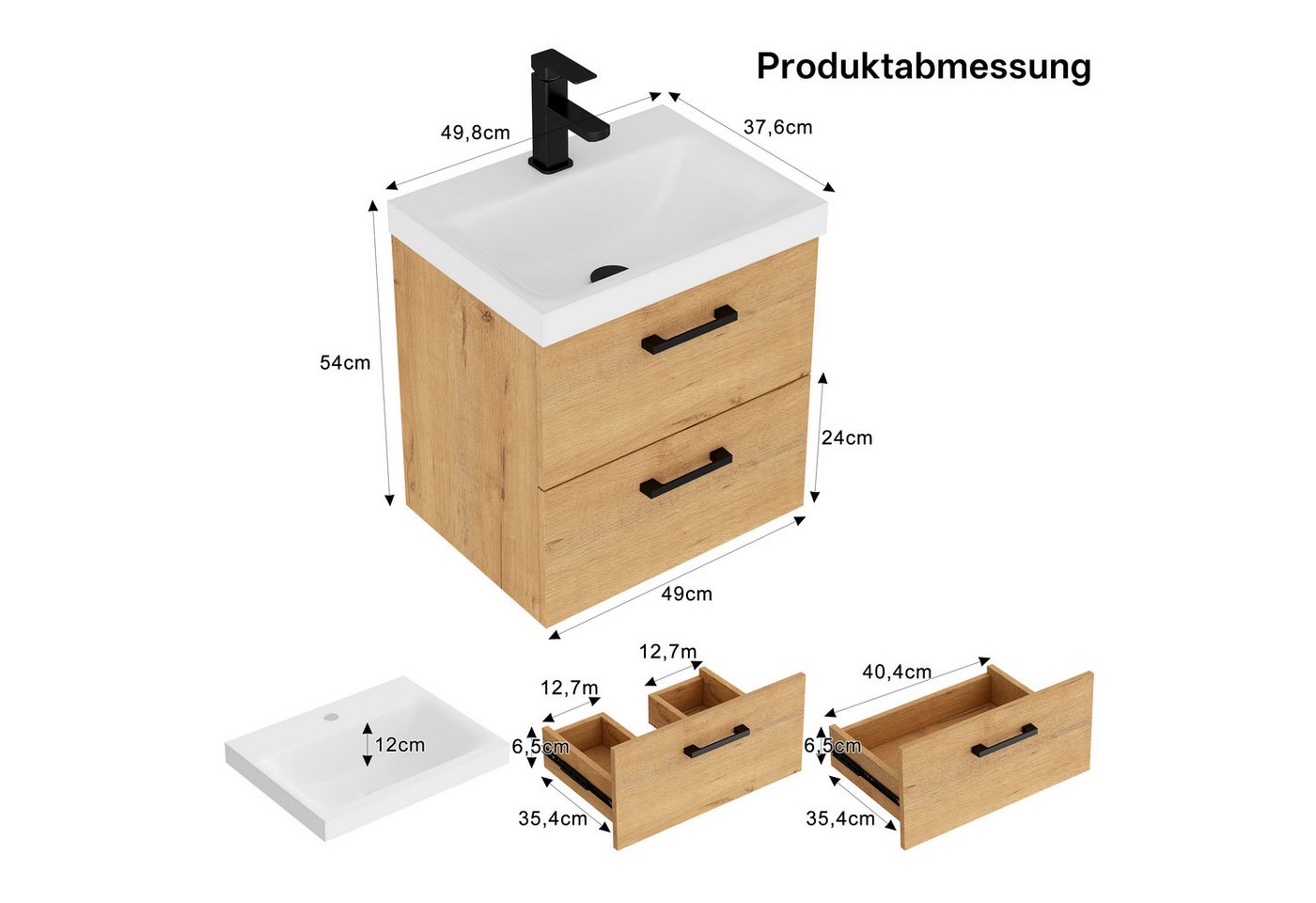 UEV Waschtisch Waschtisch mit Unterschrank 50cm, Gäste-WC Waschtisch (mit Armatur, Badmöbel, Waschschrank), Badezimmerschrank mit Zwei Schubladen und Soft-Close-Funktion Bild 4