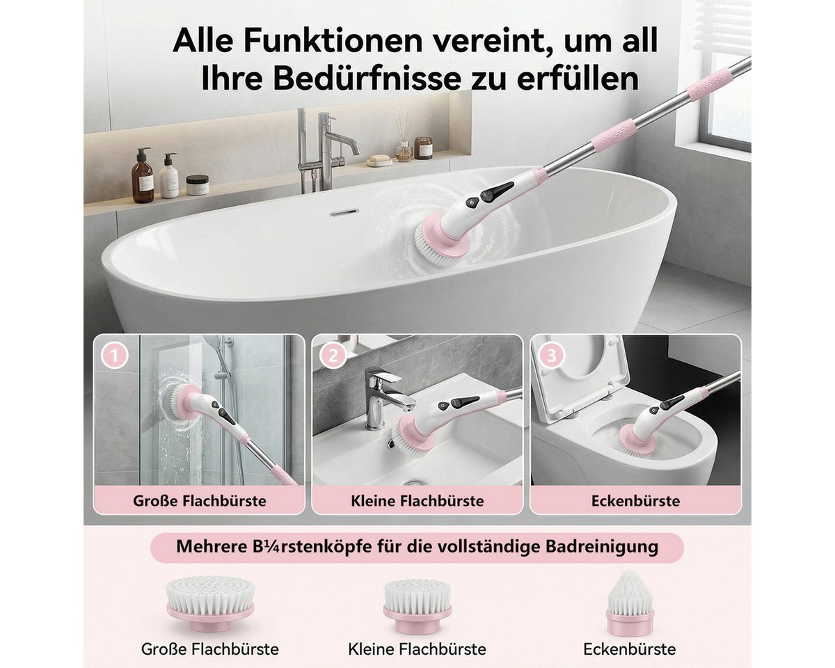 PRASKY Elektro-Oberflächenbürste Elektrische Reinigungsbürste mit 9 austauschbaren Bürstenköpfen, Mehrere abnehmbare Teile badebürste elektrisch, Teppichreiniger, Akku-Oberflächenbürste mit 9 Bürstenköpfen, 30-130 cm Verlängerungsrohr, LED-Batteriestandsanzeige