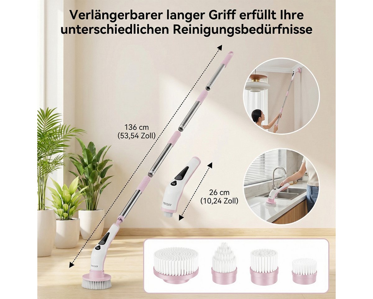 PRASKY Elektro-Oberflächenbürste Elektrische Reinigungsbürste mit 9 austauschbaren Bürstenköpfen, Mehrere abnehmbare Teile badebürste elektrisch, Teppichreiniger, Akku-Oberflächenbürste mit 9 Bürstenköpfen, 30-130 cm Verlängerungsrohr, LED-Batteriestandsanzeige Bild 3