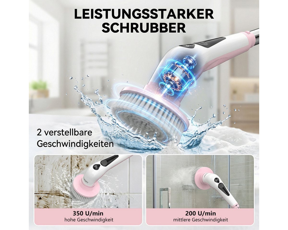 PRASKY Elektro-Oberflächenbürste Elektrische Reinigungsbürste mit 9 austauschbaren Bürstenköpfen, Mehrere abnehmbare Teile badebürste elektrisch, Teppichreiniger, Akku-Oberflächenbürste mit 9 Bürstenköpfen, 30-130 cm Verlängerungsrohr, LED-Batteriestandsanzeige Bild 4