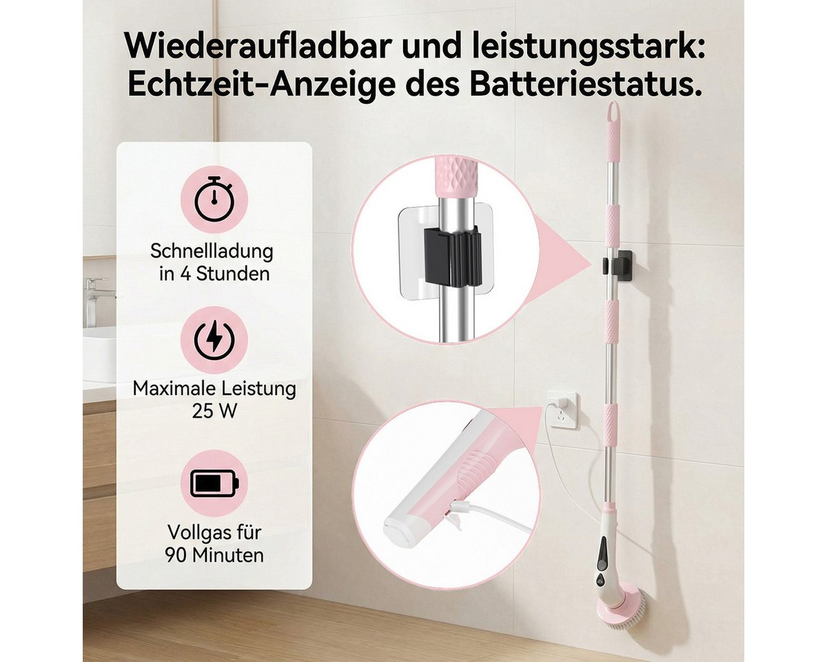 PRASKY Elektro-Oberflächenbürste Elektrische Reinigungsbürste mit 9 austauschbaren Bürstenköpfen, Mehrere abnehmbare Teile badebürste elektrisch, Teppichreiniger, Akku-Oberflächenbürste mit 9 Bürstenköpfen, 30-130 cm Verlängerungsrohr, LED-Batteriestandsanzeige Bild 5