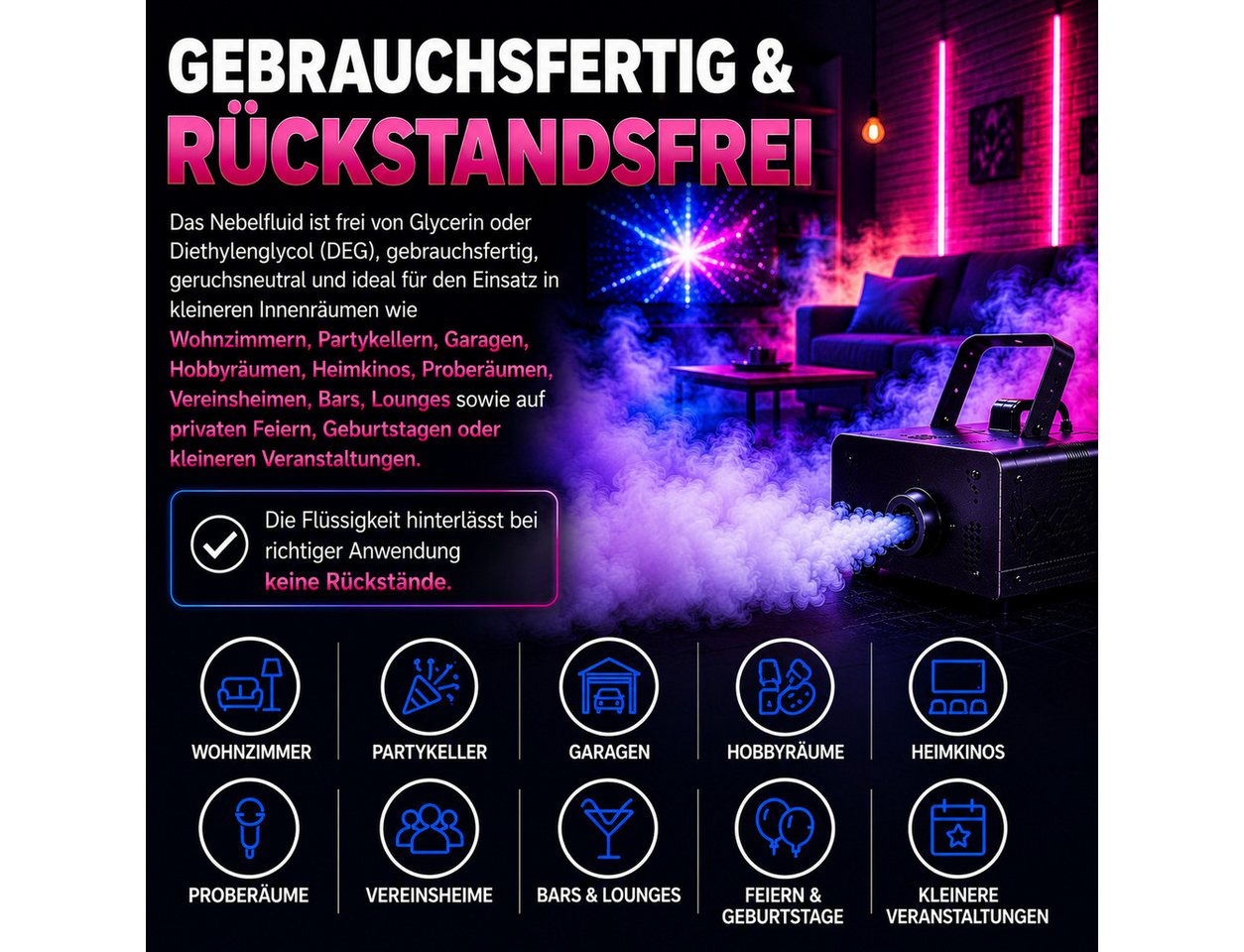 HERRLAN Discolicht MILD PARTY Nebelfuid, niedrige Dichte und mittlere Standzeit, für Licht- & Lasershows