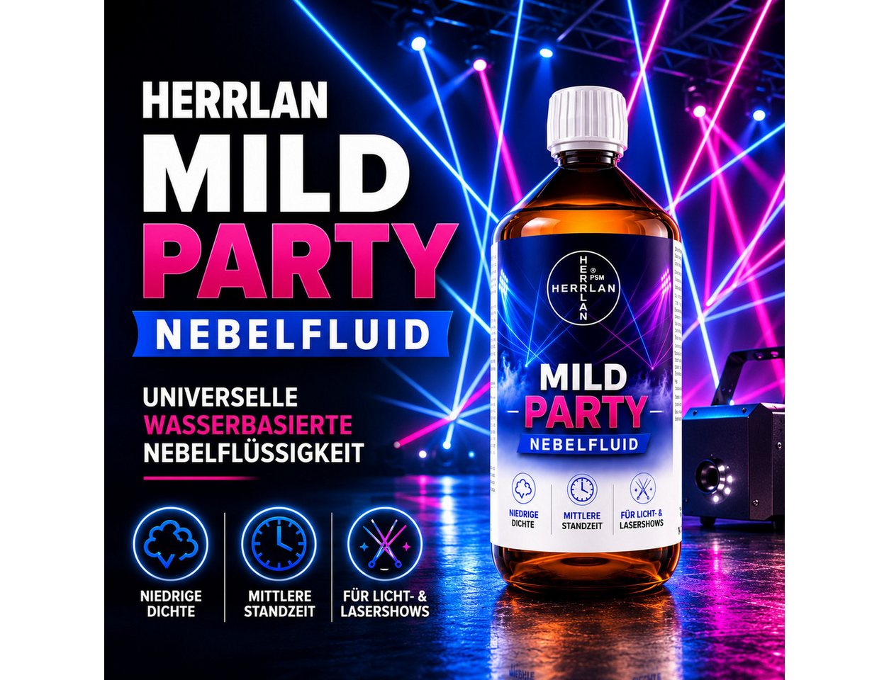 HERRLAN Discolicht MILD PARTY Nebelfuid, niedrige Dichte und mittlere Standzeit, für Licht- & Lasershows Bild 4