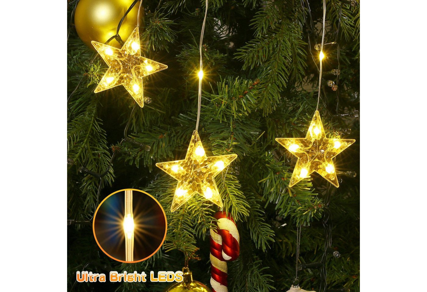 Quntis Lichterkette Lichterkette Weihnachtsdeko Fenster Warmweiß/Bunt, Timer 8 Modi, 1,44M 45LEDs Fensterbilder für Innen/Außen/Fenster Weihanchten Deko