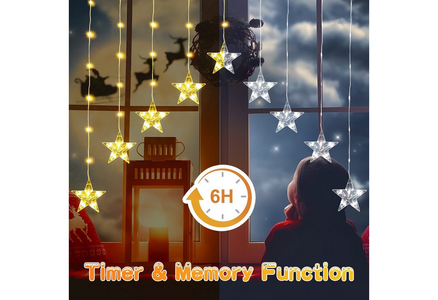 Quntis Lichterkette Lichterkette Weihnachtsdeko Fenster Warmweiß/Bunt, Timer 8 Modi, 1,44M 45LEDs Fensterbilder für Innen/Außen/Fenster Weihanchten Deko Bild 2