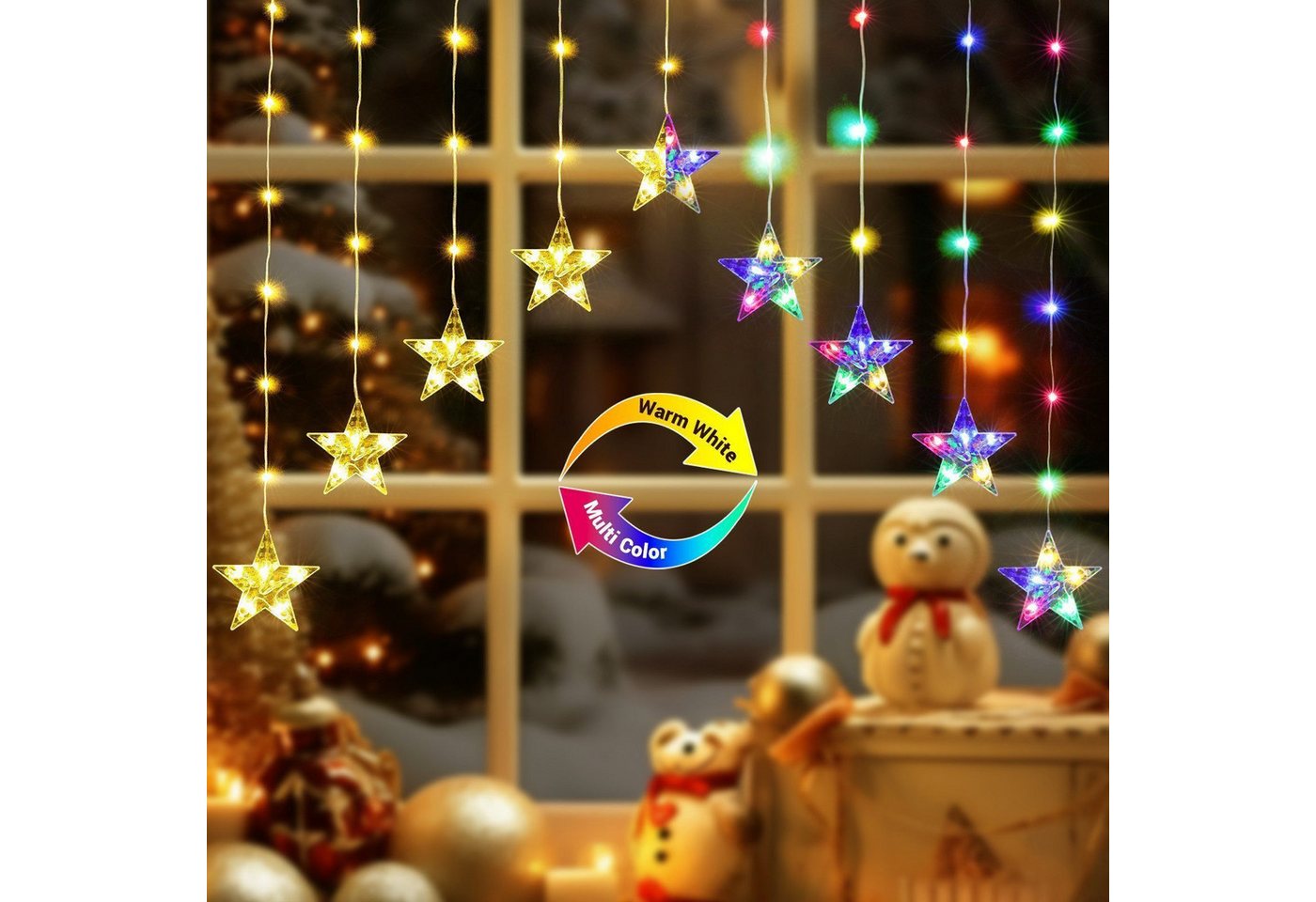 Quntis Lichterkette Lichterkette Weihnachtsdeko Fenster Warmweiß/Bunt, Timer 8 Modi, 1,44M 45LEDs Fensterbilder für Innen/Außen/Fenster Weihanchten Deko Bild 3