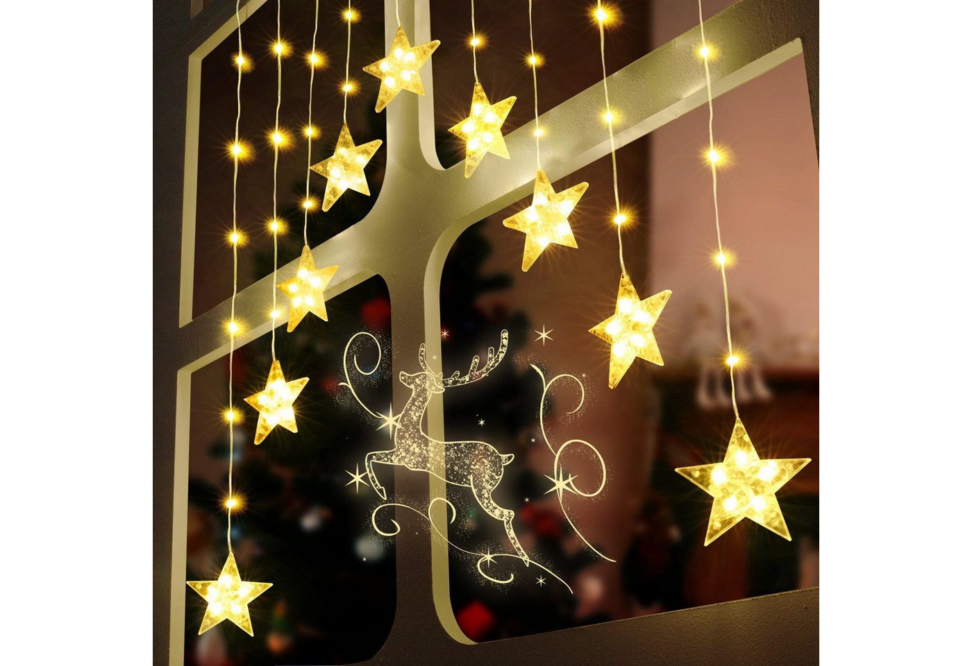 Quntis Lichterkette Lichterkette Weihnachtsdeko Fenster Warmweiß/Bunt, Timer 8 Modi, 1,44M 45LEDs Fensterbilder für Innen/Außen/Fenster Weihanchten Deko Bild 4