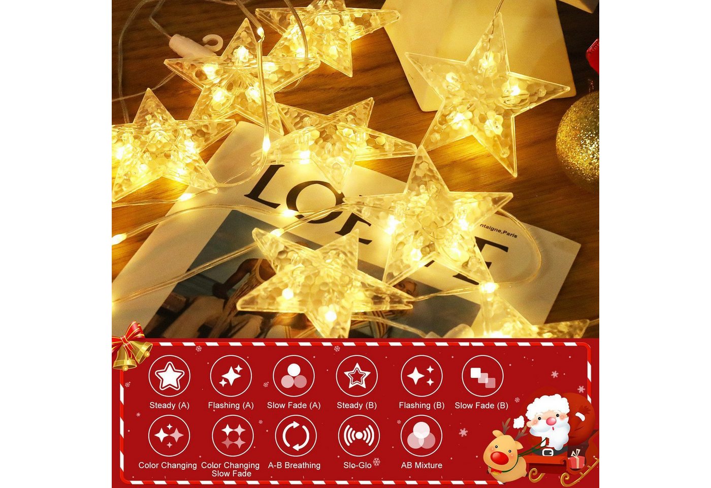 Quntis Lichterkette Lichterkette Weihnachtsdeko Fenster Warmweiß/Bunt, Timer 8 Modi, 1,44M 45LEDs Fensterbilder für Innen/Außen/Fenster Weihanchten Deko Bild 5