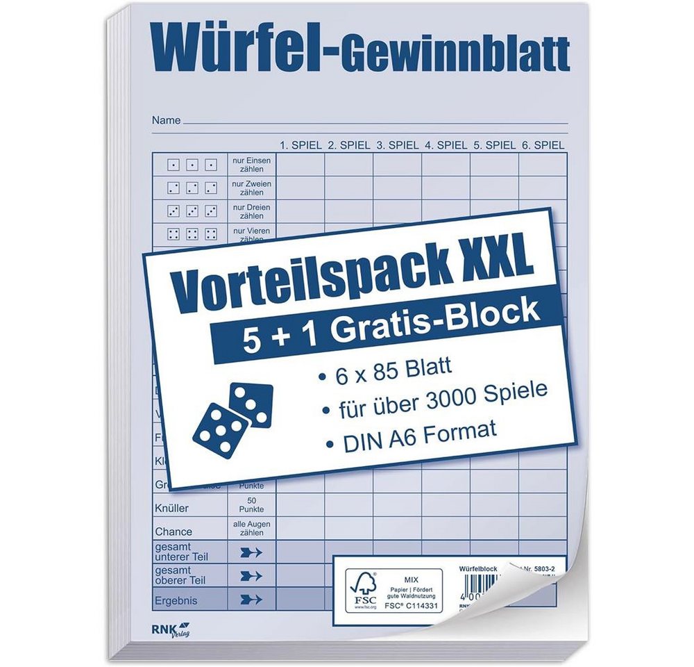 RNK Verlag Notizbuch XXL Würfelspiel-Gewinnblatt DIN A6 6 Blöcke für über 3000 Spiele, Würfelblock