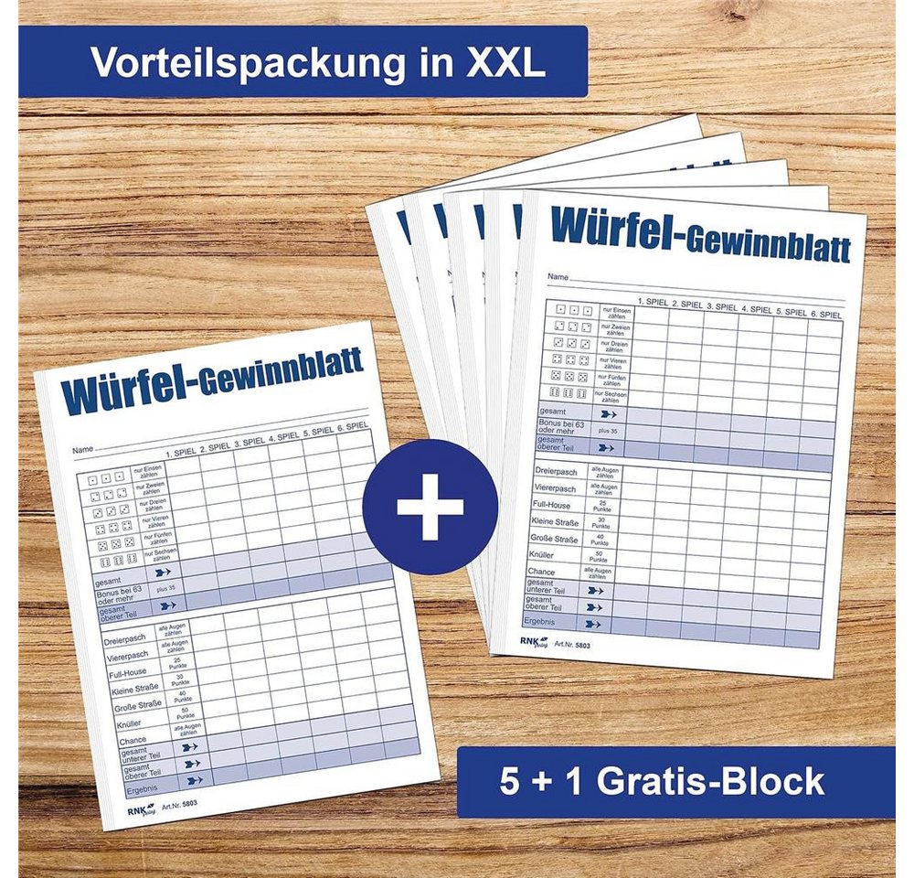RNK Verlag Notizbuch XXL Würfelspiel-Gewinnblatt DIN A6 6 Blöcke für über 3000 Spiele, Würfelblock Bild 3