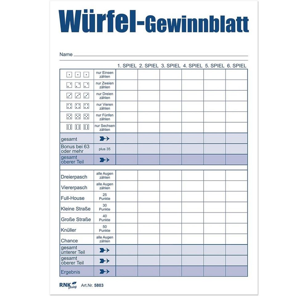 RNK Verlag Notizbuch XXL Würfelspiel-Gewinnblatt DIN A6 6 Blöcke für über 3000 Spiele, Würfelblock Bild 5