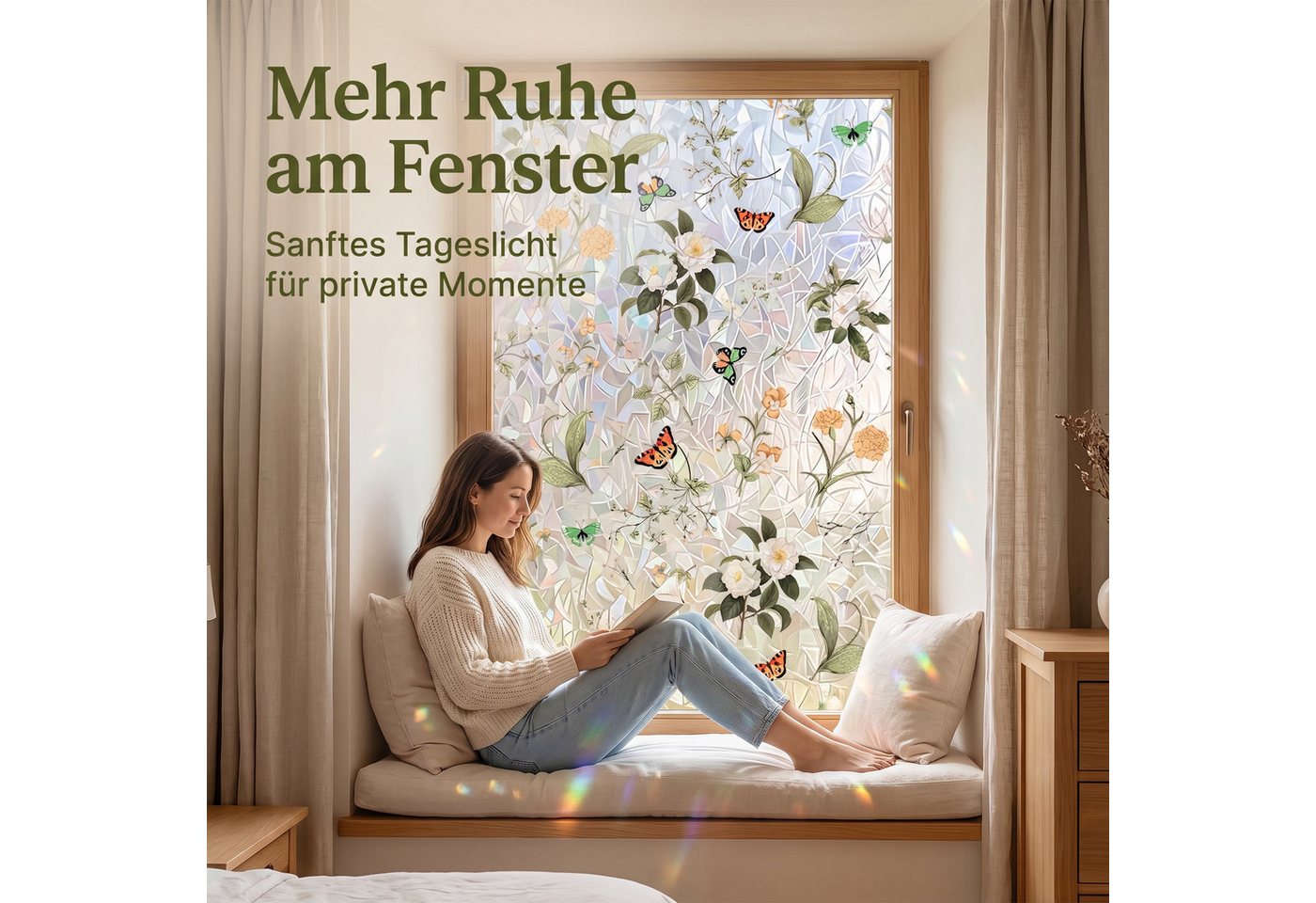 HomeBella Fensterfolie Buntglasoptik mit Blumen & Schmetterlingen, Dekorative Glasdekorfolie mit Blättermuster für Fenster & Glastüren