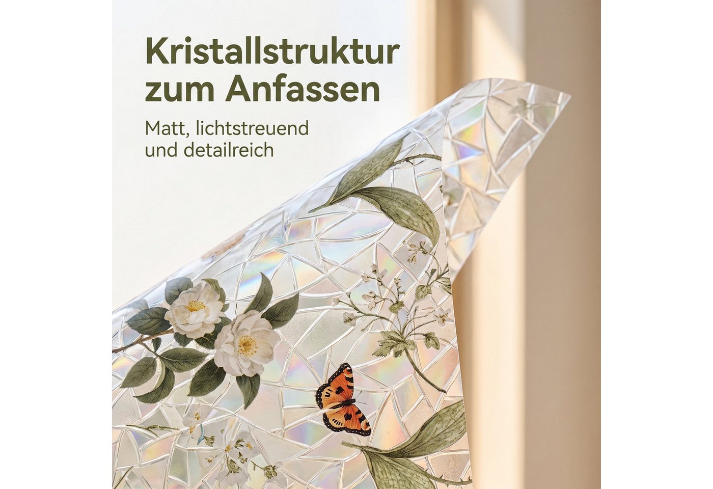 HomeBella Fensterfolie Buntglasoptik mit Blumen & Schmetterlingen, Dekorative Glasdekorfolie mit Blättermuster für Fenster & Glastüren Bild 2