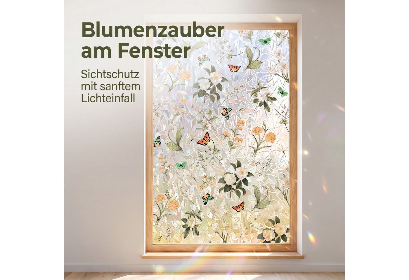 HomeBella Fensterfolie Buntglasoptik mit Blumen & Schmetterlingen, Dekorative Glasdekorfolie mit Blättermuster für Fenster & Glastüren Bild 3