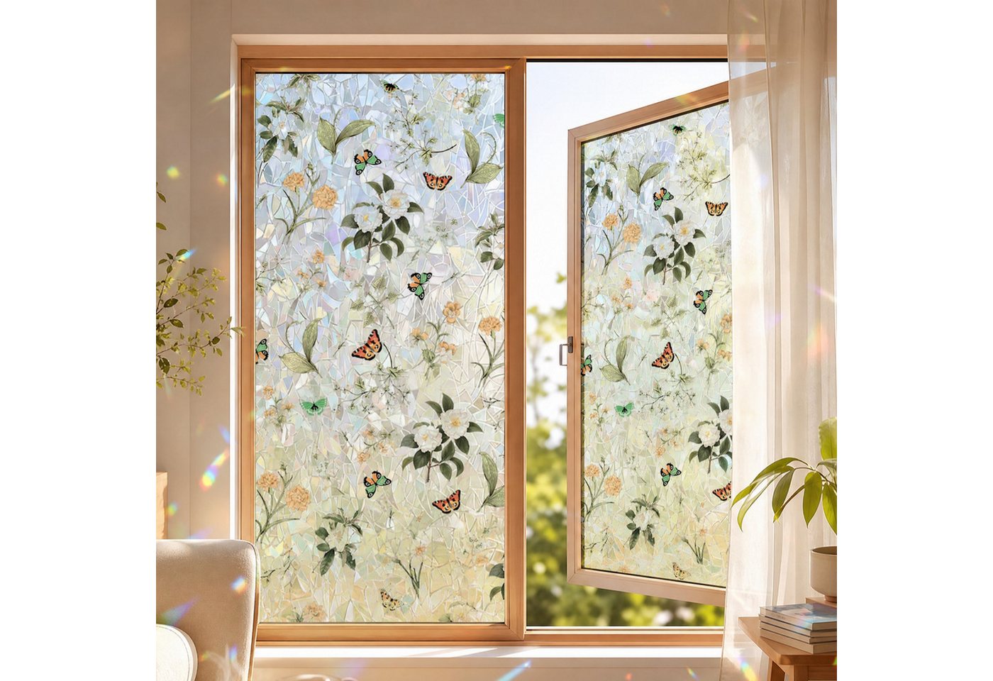 HomeBella Fensterfolie Buntglasoptik mit Blumen & Schmetterlingen, Dekorative Glasdekorfolie mit Blättermuster für Fenster & Glastüren Bild 4