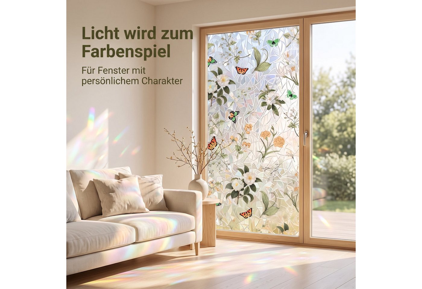 HomeBella Fensterfolie Buntglasoptik mit Blumen & Schmetterlingen, Dekorative Glasdekorfolie mit Blättermuster für Fenster & Glastüren Bild 5