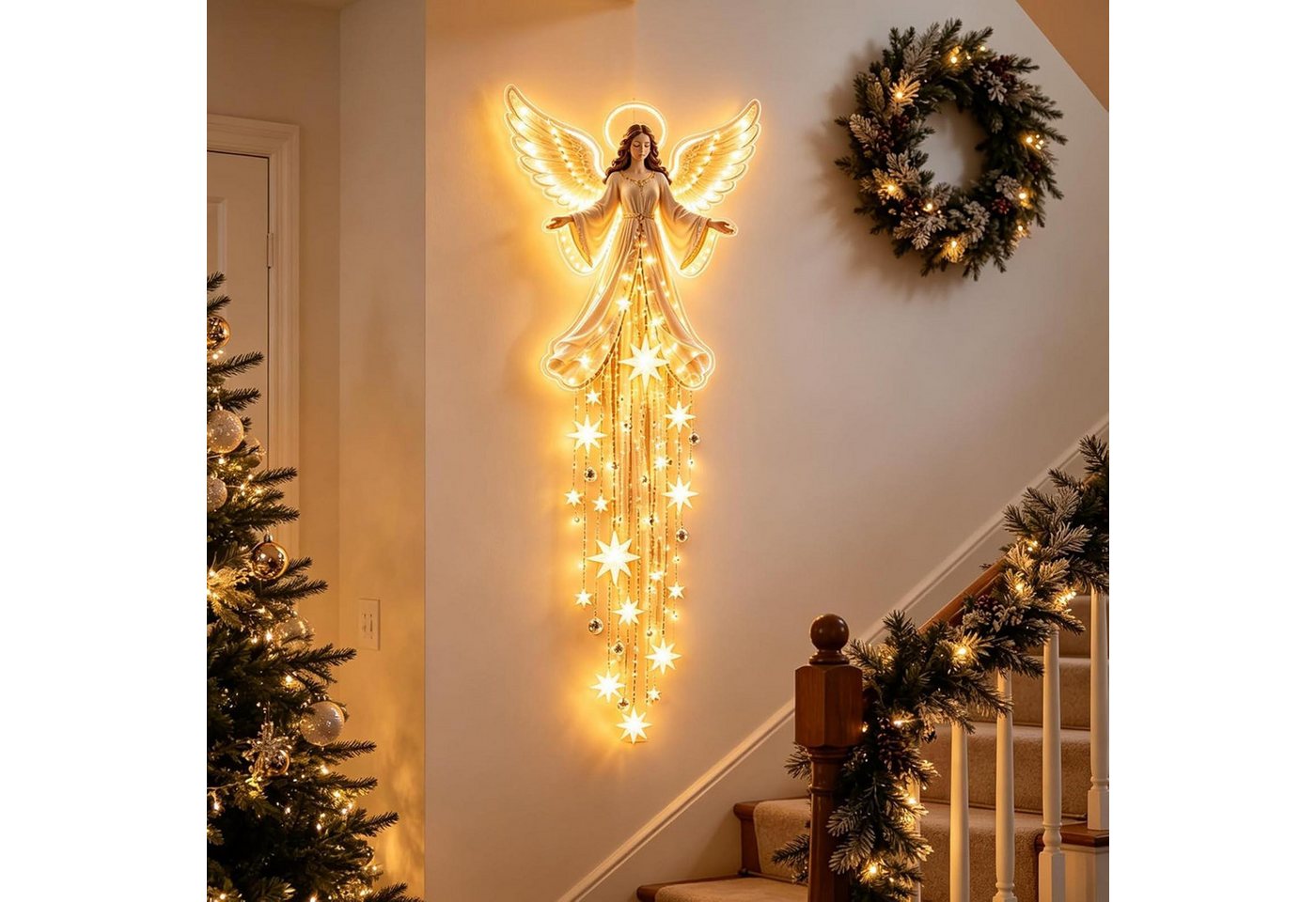 FELIXLEO Wandleuchte Weihnachtsengel Beleuchtet Segenswünsche mit Licht Wanddeko, weiß