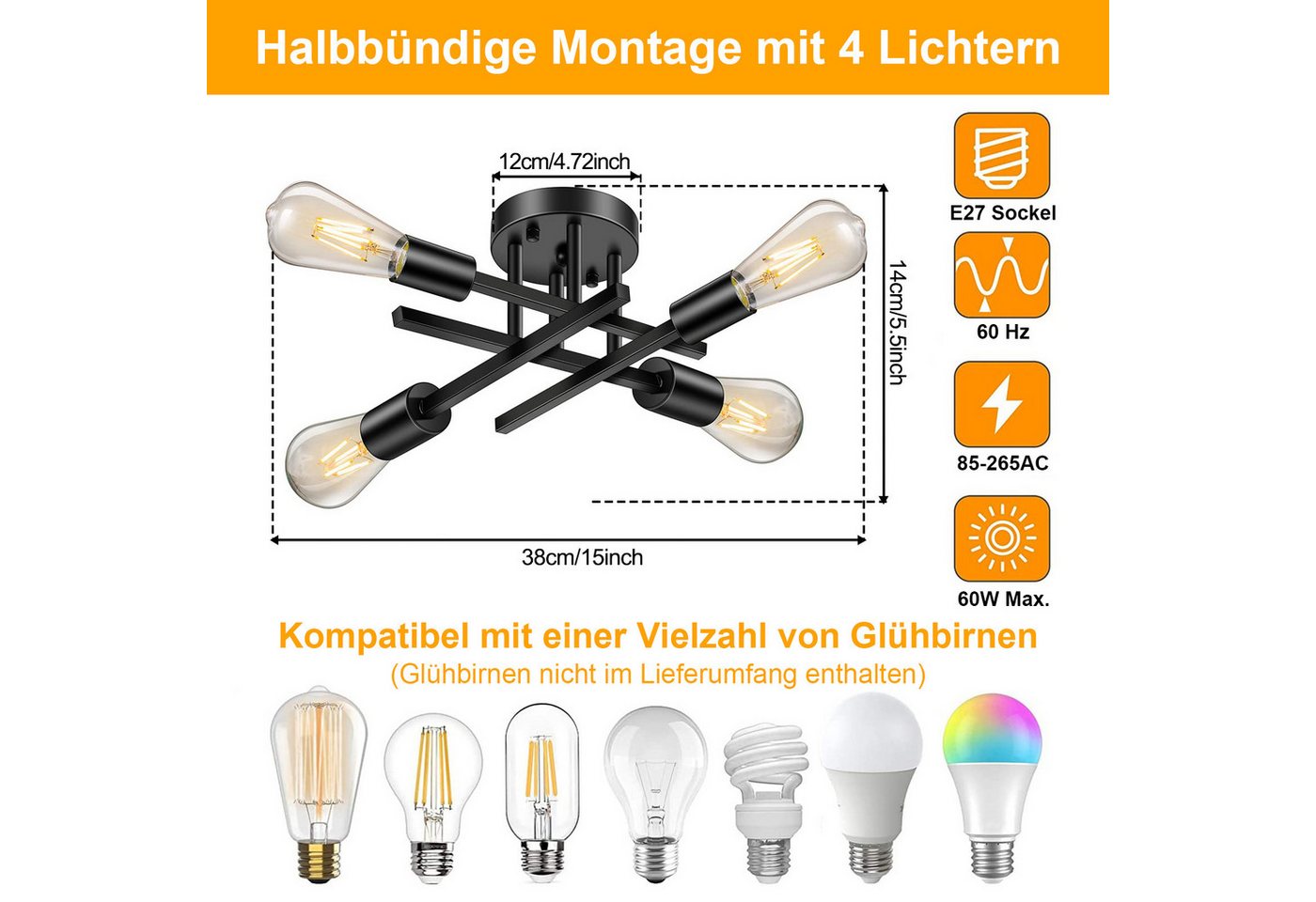 Lapamax LED Deckenleuchte Sputnik Deckenleuchte Wohnzimmer E27 Deckenlampe Schwarz Kronleuchter, 4/6 flammig Industrial Halbbündige Montage Deckenleuchten für Küche