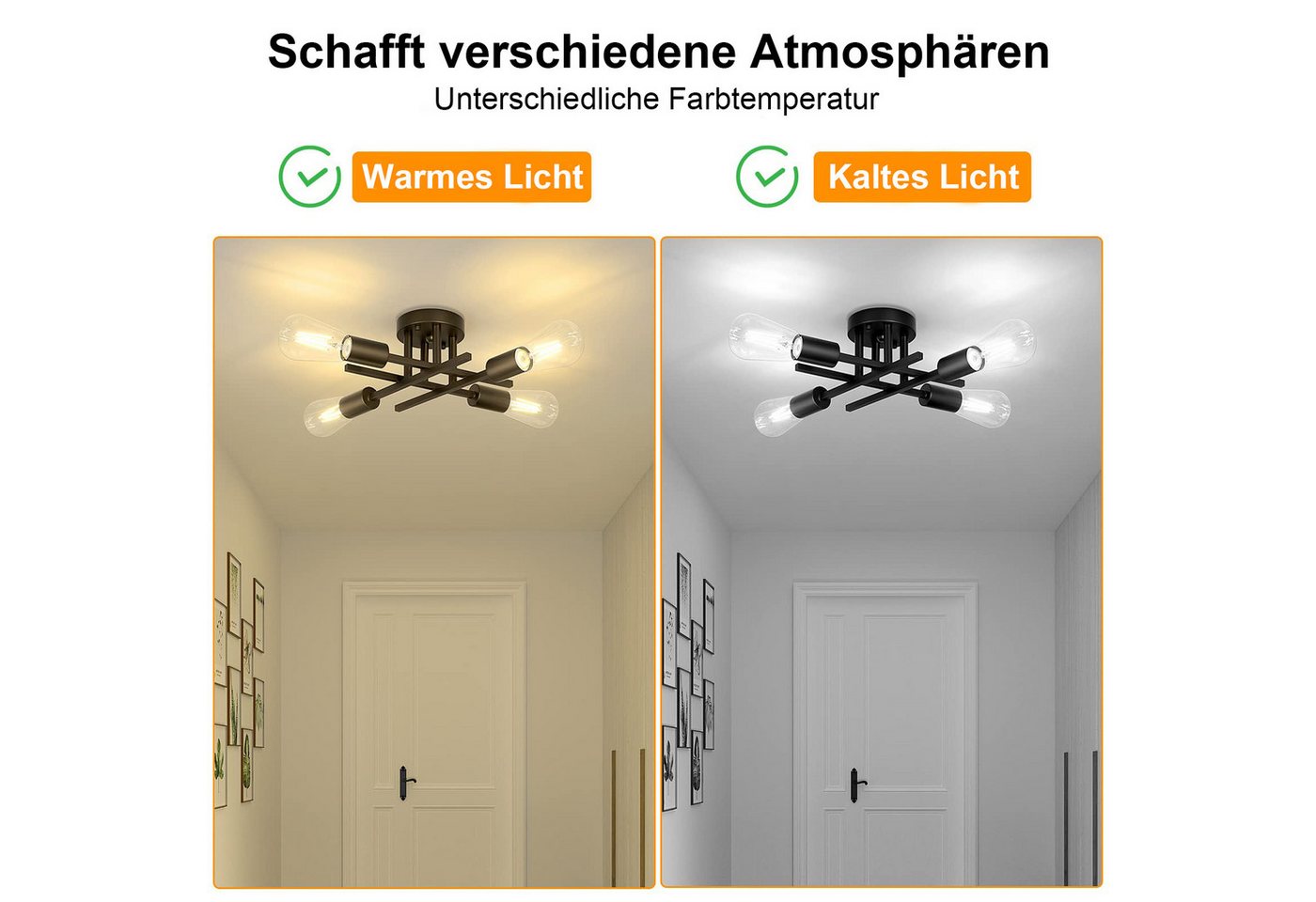 Lapamax LED Deckenleuchte Sputnik Deckenleuchte Wohnzimmer E27 Deckenlampe Schwarz Kronleuchter, 4/6 flammig Industrial Halbbündige Montage Deckenleuchten für Küche Bild 2