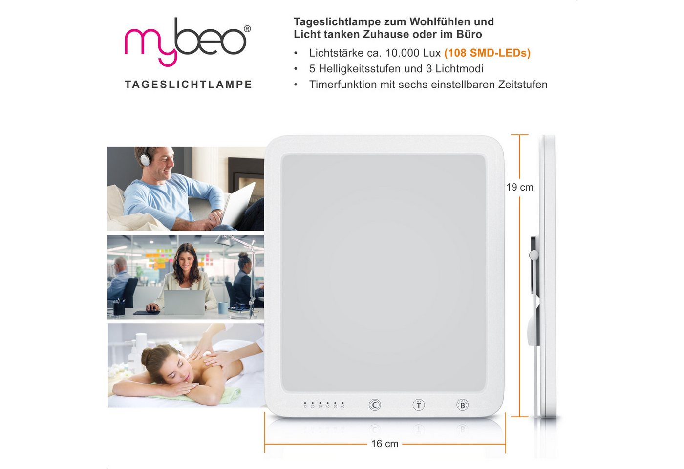 MyBeo Tageslichtlampe LED Lichttherapielampe, Tageslichtleuchte mit Standfuß, Lichttherapie, Dimmfunktion, Timer, verschiedene Lichtmodi, LED fest verbaut, Warmweiß bis Kaltweiß, simuliert Tageslicht, 5 Helligkeitsstufen, 3 Lichttemperaturen, Timer Bild 3