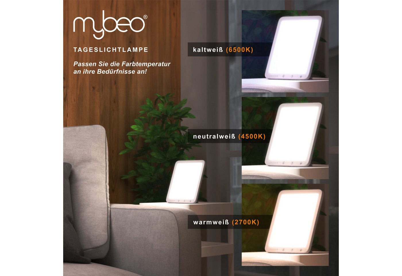 MyBeo Tageslichtlampe LED Lichttherapielampe, Tageslichtleuchte mit Standfuß, Lichttherapie, Dimmfunktion, Timer, verschiedene Lichtmodi, LED fest verbaut, Warmweiß bis Kaltweiß, simuliert Tageslicht, 5 Helligkeitsstufen, 3 Lichttemperaturen, Timer Bild 4