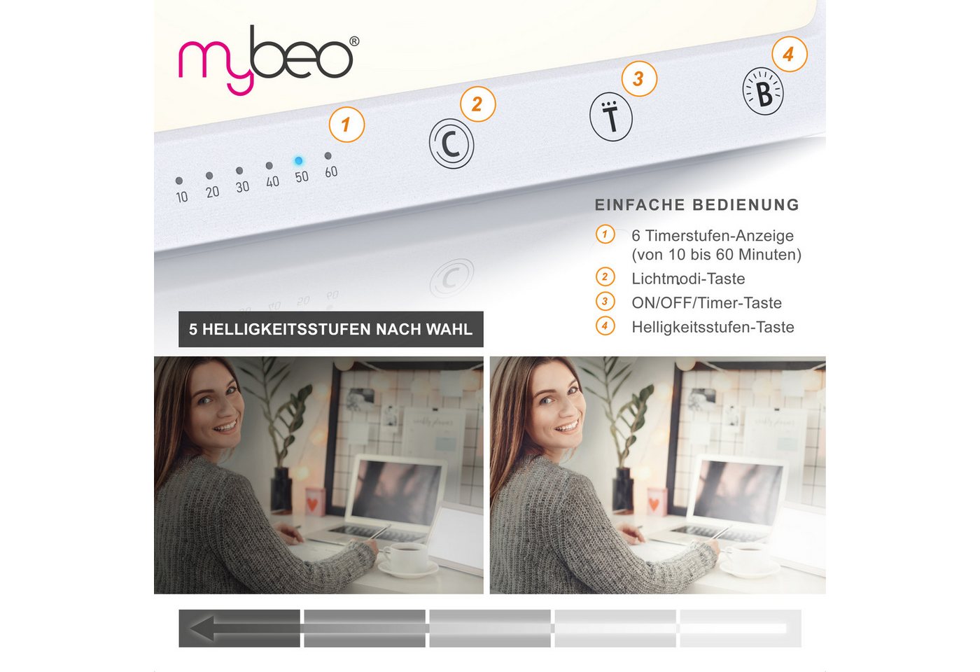 MyBeo Tageslichtlampe LED Lichttherapielampe, Tageslichtleuchte mit Standfuß, Lichttherapie, Dimmfunktion, Timer, verschiedene Lichtmodi, LED fest verbaut, Warmweiß bis Kaltweiß, simuliert Tageslicht, 5 Helligkeitsstufen, 3 Lichttemperaturen, Timer Bild 5