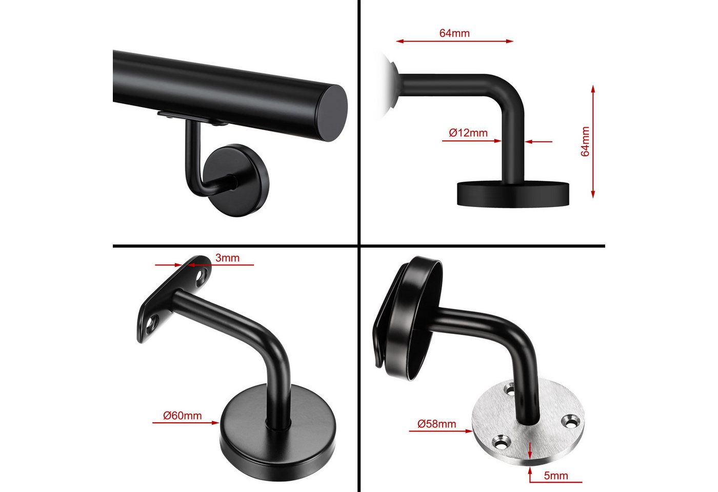 AICA Handlauf AICA Edelstahl Wandhandlauf & Treppengeländer Rostschutz Innen Außen, 120 cm Gesamtlänge, (Packung), 304 Edelstahl, Farbe: Silber/Schwarz/Braun, Länge: 80-240 cm Bild 4
