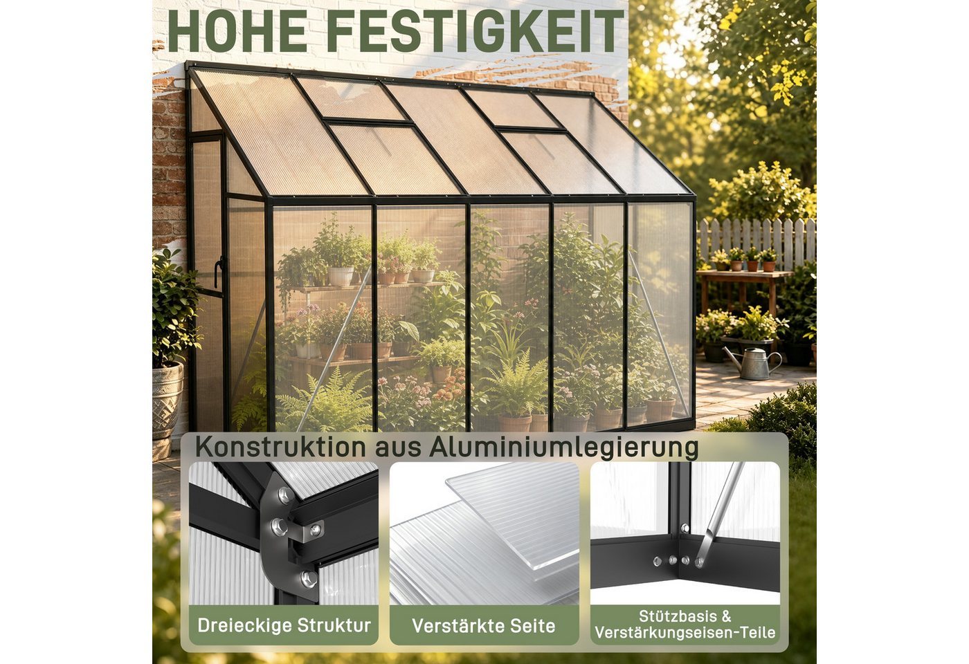 FIVMEN Anlehngewächshaus Anlehn-Gewächshaus Aluminium Schiebetür mit Schloss für Hauswand, Geeignet für Einsatz in Hofecken in der Nähe der Außenwände Gebäuden Bild 2