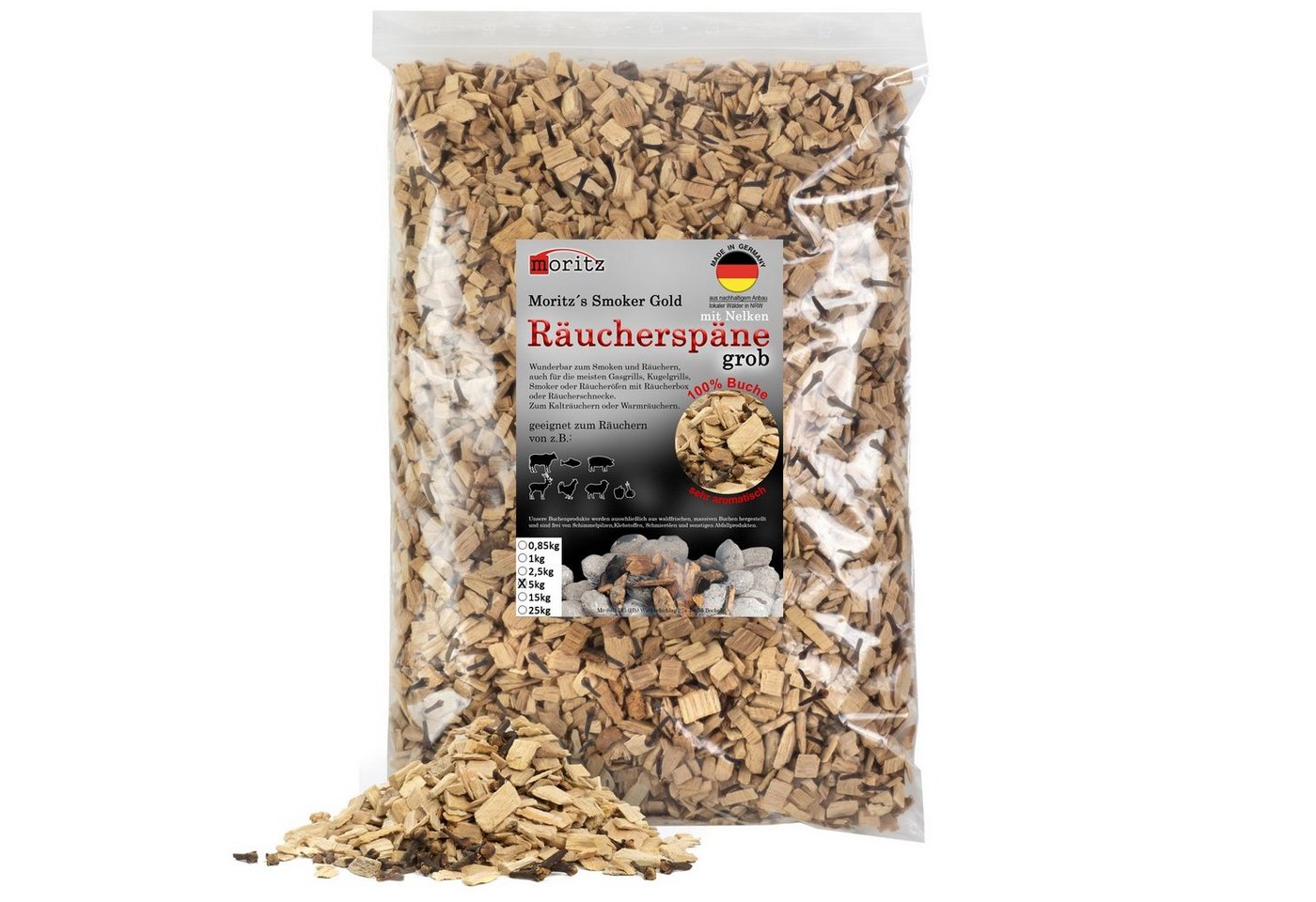 Moritz Räucherbox 5kg Räucherspäne Buche mit Nelke grob 6 -12 mm zum smoken, räuchern/kalträuchern von Fleisch, Fisch, Gemüse geeignet Bild 3