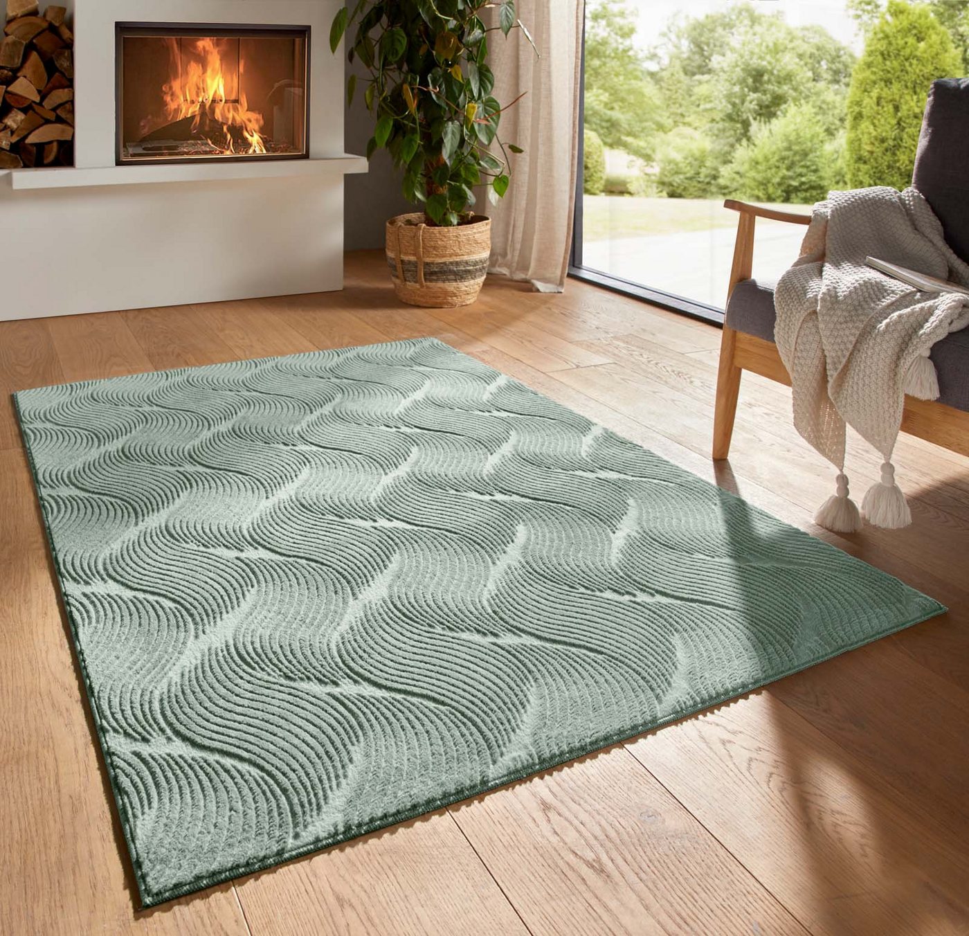 TaraCarpet Teppich TaraCarpet Homestyle 392 Shell, rund, Höhe: 10 mm, Felloptik hoch-tief weich waschbar Düne grün 120x120 rund Bild 5