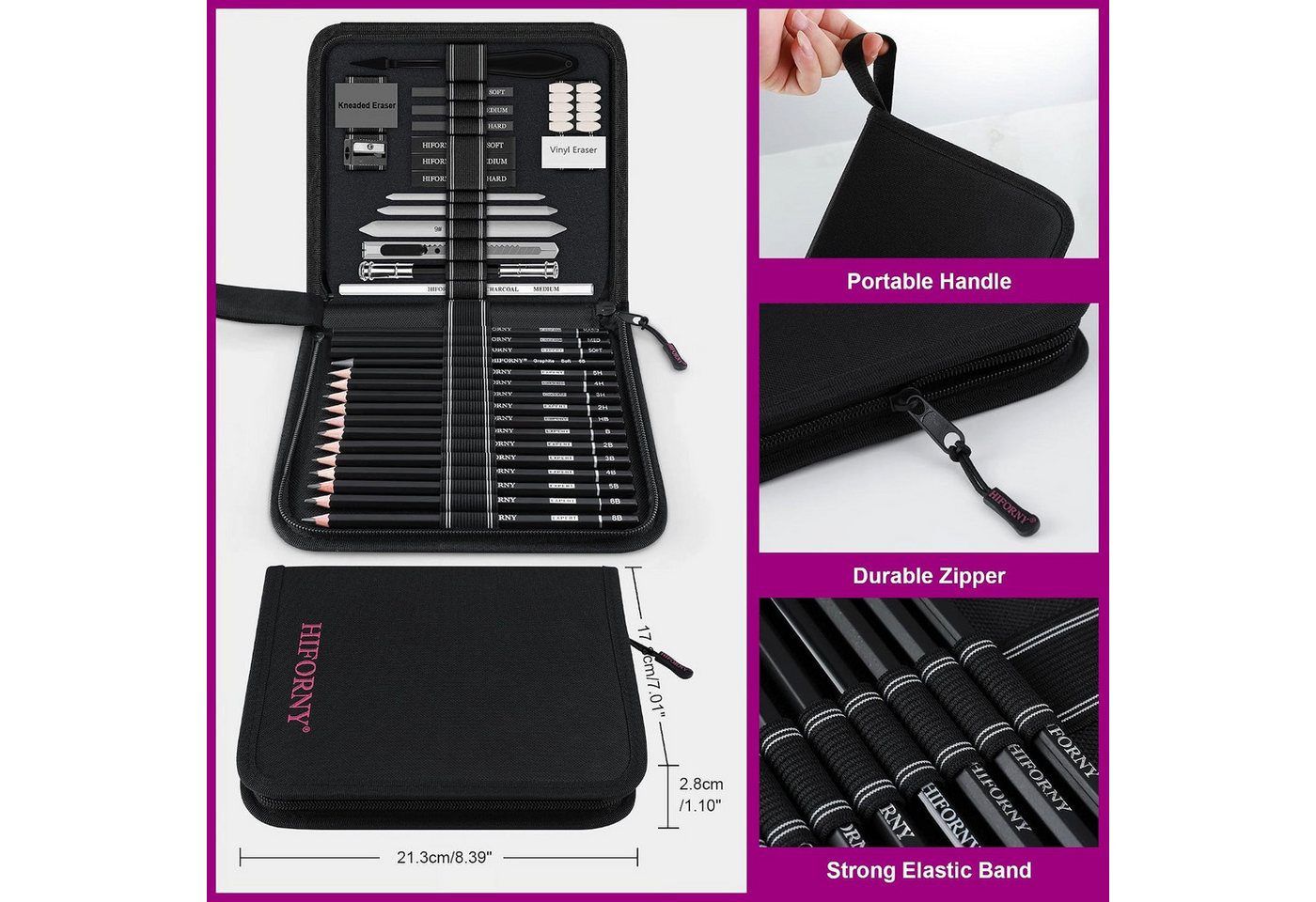 HIFORNY Künstlerstift 42-teiliges Skizzierset für Anfänger und Künstler mit Canvas-Tasche, (Skizzierset, 42-tlg., mit Canvas-Tasche), 12 Graphitstifte 5H–8B, 4 Kohlestifte, Mischstäbe, Radierer, Spitzer Bild 2