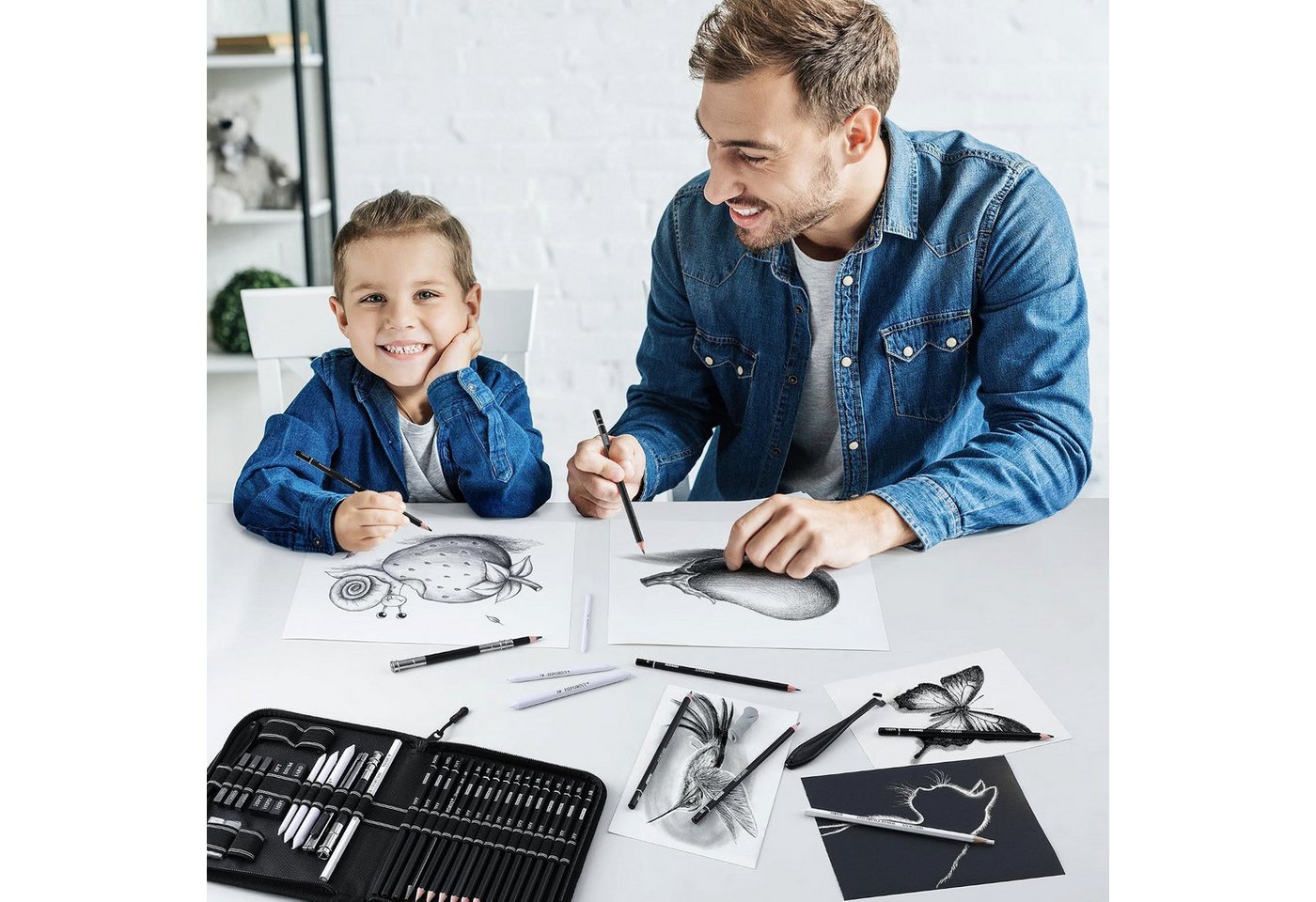 HIFORNY Künstlerstift 42-teiliges Skizzierset für Anfänger und Künstler mit Canvas-Tasche, (Skizzierset, 42-tlg., mit Canvas-Tasche), 12 Graphitstifte 5H–8B, 4 Kohlestifte, Mischstäbe, Radierer, Spitzer Bild 3
