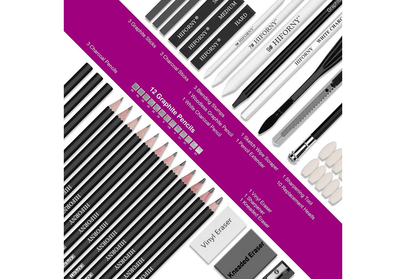 HIFORNY Künstlerstift 42-teiliges Skizzierset für Anfänger und Künstler mit Canvas-Tasche, (Skizzierset, 42-tlg., mit Canvas-Tasche), 12 Graphitstifte 5H–8B, 4 Kohlestifte, Mischstäbe, Radierer, Spitzer Bild 4
