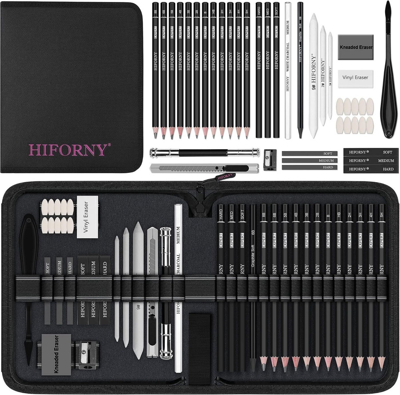HIFORNY Künstlerstift 42-teiliges Skizzierset für Anfänger und Künstler mit Canvas-Tasche, (Skizzierset, 42-tlg., mit Canvas-Tasche), 12 Graphitstifte 5H–8B, 4 Kohlestifte, Mischstäbe, Radierer, Spitzer Bild 5