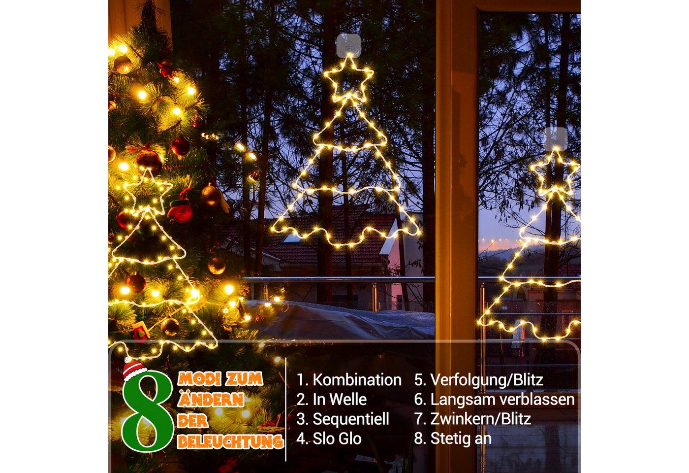 Quntis LED-Lichterkette Lichtervorhang weihnachtsdeko fenster, weihnachtsbaum mit beleuchtung, 8 Modi mit Timer IP44 Batteriebetrieben Innen Außen Fensterdeko Bild 2