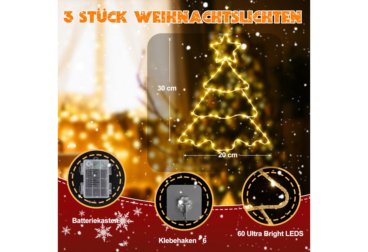 Quntis LED-Lichterkette Lichtervorhang weihnachtsdeko fenster, weihnachtsbaum mit beleuchtung, 8 Modi mit Timer IP44 Batteriebetrieben Innen Außen Fensterdeko Bild 3