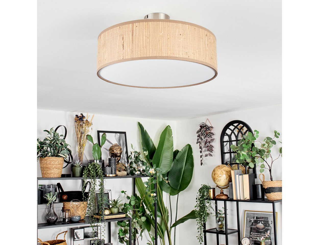 hofstein Deckenleuchte Deckenlampe aus Metall/Holz/Stoff/Kunststoff in Nickel-matt/Natur, ohne Leuchtmittel, runde Boho Leuchte (40 cm), E27