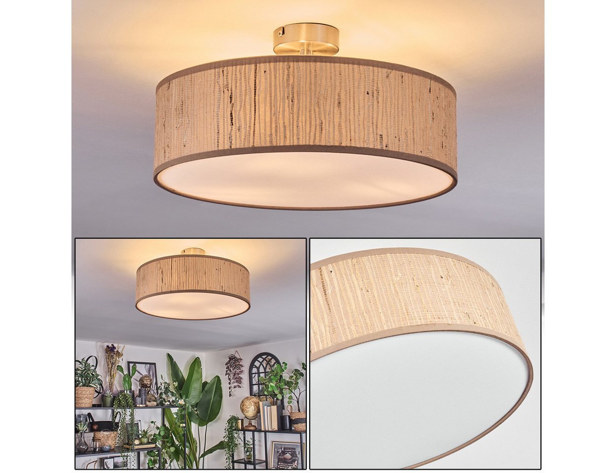 hofstein Deckenleuchte Deckenlampe aus Metall/Holz/Stoff/Kunststoff in Nickel-matt/Natur, ohne Leuchtmittel, runde Boho Leuchte (40 cm), E27 Bild 3