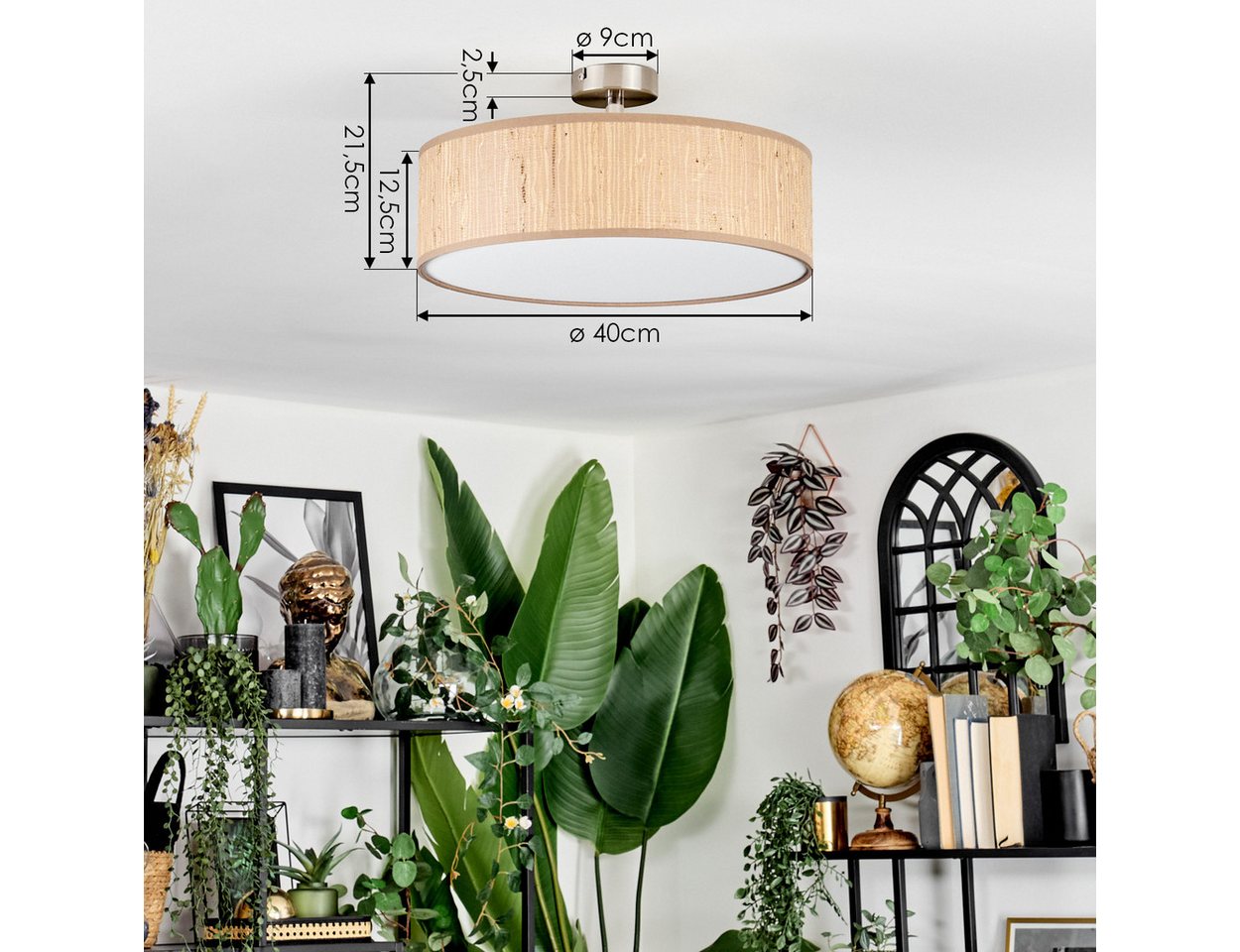 hofstein Deckenleuchte Deckenlampe aus Metall/Holz/Stoff/Kunststoff in Nickel-matt/Natur, ohne Leuchtmittel, runde Boho Leuchte (40 cm), E27 Bild 4