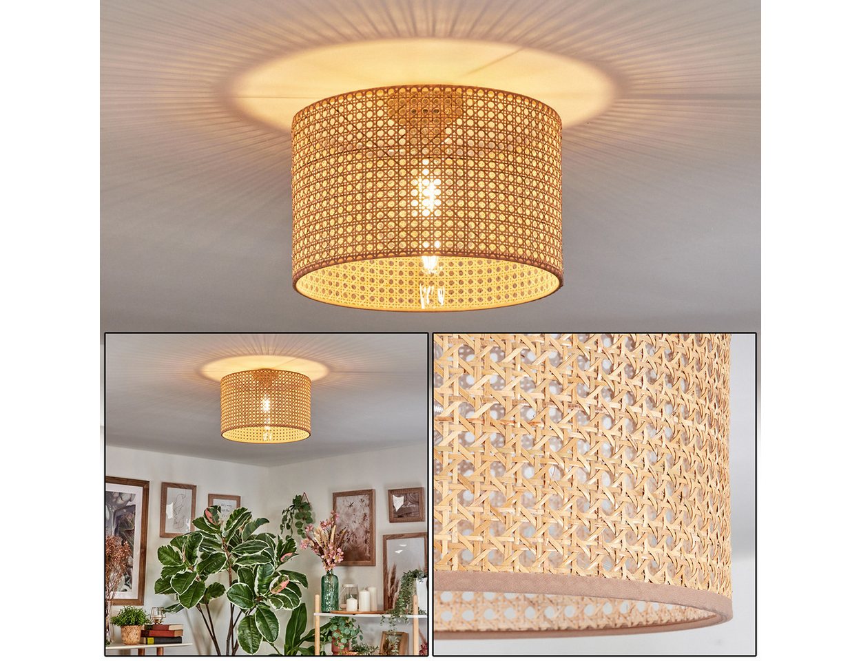 hofstein Deckenleuchte Deckenlampe aus Metall/Wienergeflecht/Stoff, Schwarz/Naturfarben/Braun, Deckenleuchte im modernen Design (35 cm), E27