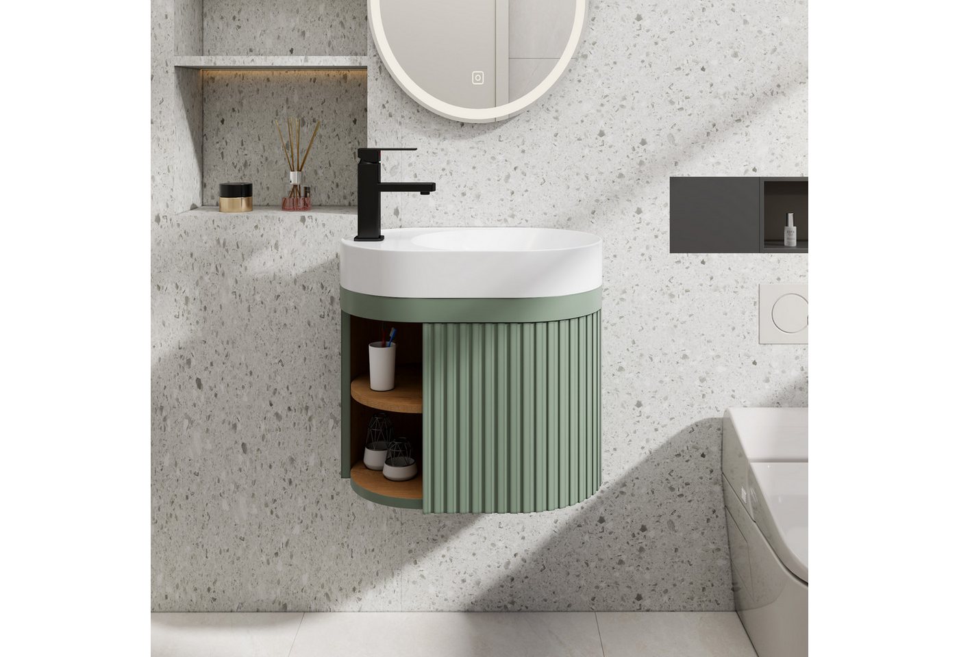 UEV Waschtisch klein Waschbecken mit Unterschrank 50cm gebogen,Gäste-WC (Breit 50cm, Komplett-Set, Badmöbel Set für Badezimmer/Gäste-WC, Unterschrank mit Harzbecken Wasserhahn Pop-up-Ablassventil), Waschbecken mit Wasserhahn,Waschplatz ausreichend Stauraum