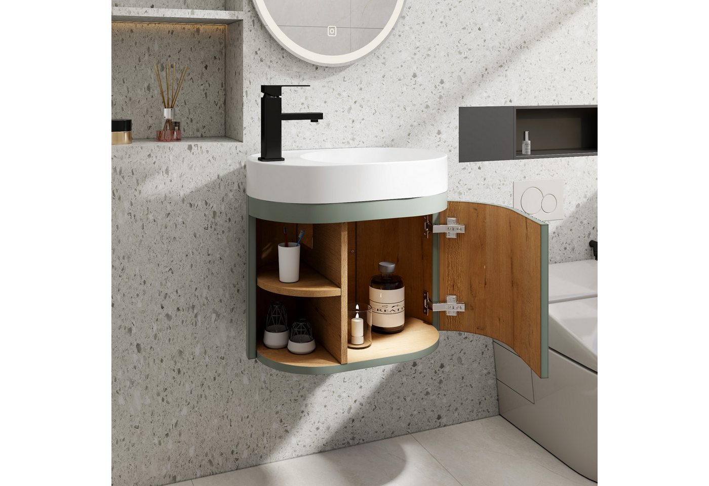 UEV Waschtisch klein Waschbecken mit Unterschrank 50cm gebogen,Gäste-WC (Breit 50cm, Komplett-Set, Badmöbel Set für Badezimmer/Gäste-WC, Unterschrank mit Harzbecken Wasserhahn Pop-up-Ablassventil), Waschbecken mit Wasserhahn,Waschplatz ausreichend Stauraum Bild 2