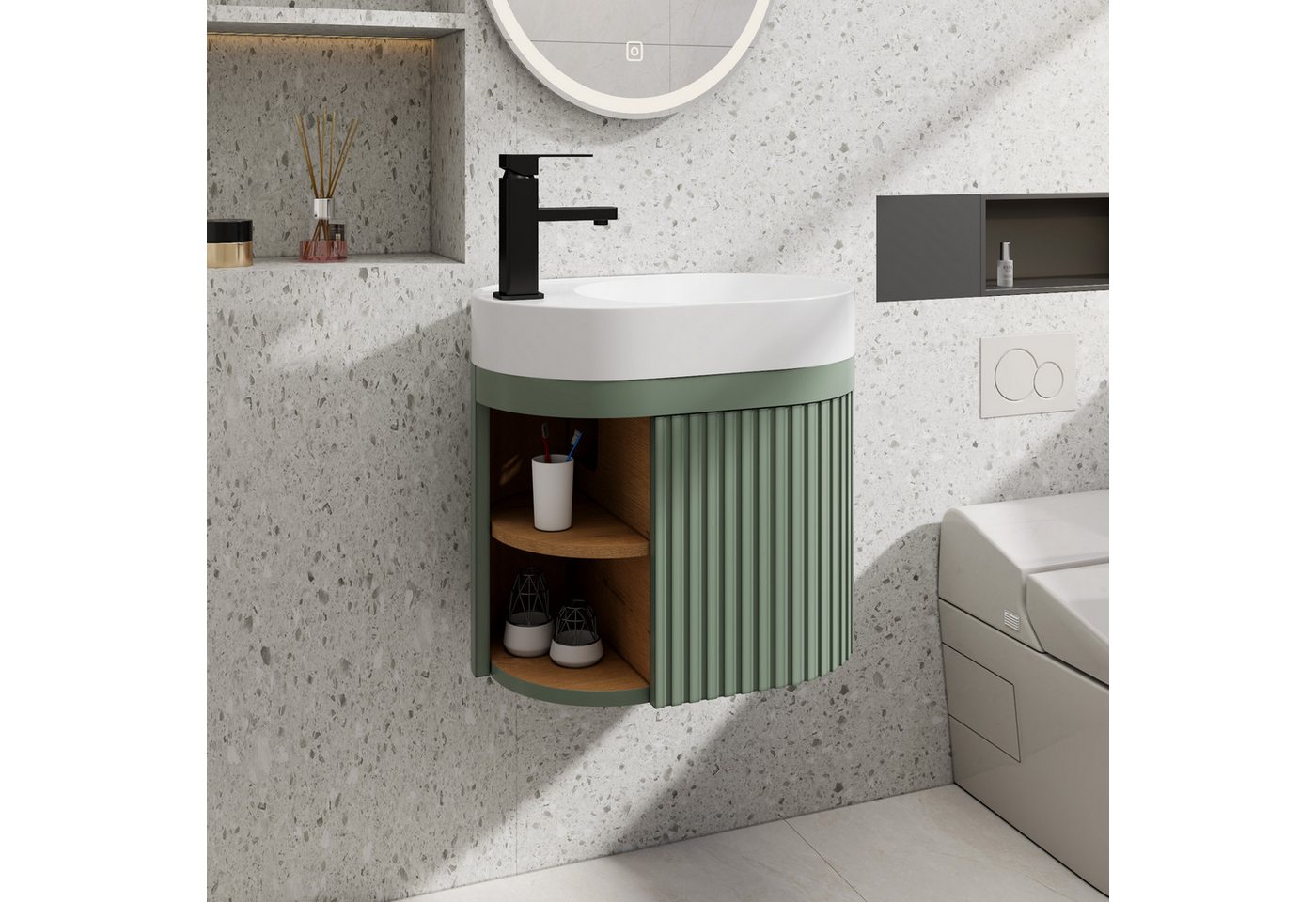 UEV Waschtisch klein Waschbecken mit Unterschrank 50cm gebogen,Gäste-WC (Breit 50cm, Komplett-Set, Badmöbel Set für Badezimmer/Gäste-WC, Unterschrank mit Harzbecken Wasserhahn Pop-up-Ablassventil), Waschbecken mit Wasserhahn,Waschplatz ausreichend Stauraum Bild 4