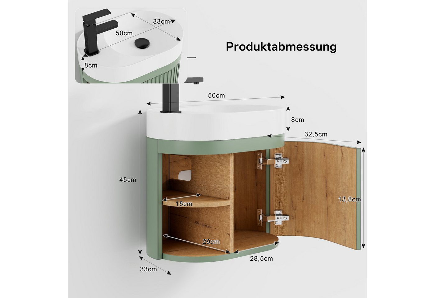 UEV Waschtisch klein Waschbecken mit Unterschrank 50cm gebogen,Gäste-WC (Breit 50cm, Komplett-Set, Badmöbel Set für Badezimmer/Gäste-WC, Unterschrank mit Harzbecken Wasserhahn Pop-up-Ablassventil), Waschbecken mit Wasserhahn,Waschplatz ausreichend Stauraum Bild 5