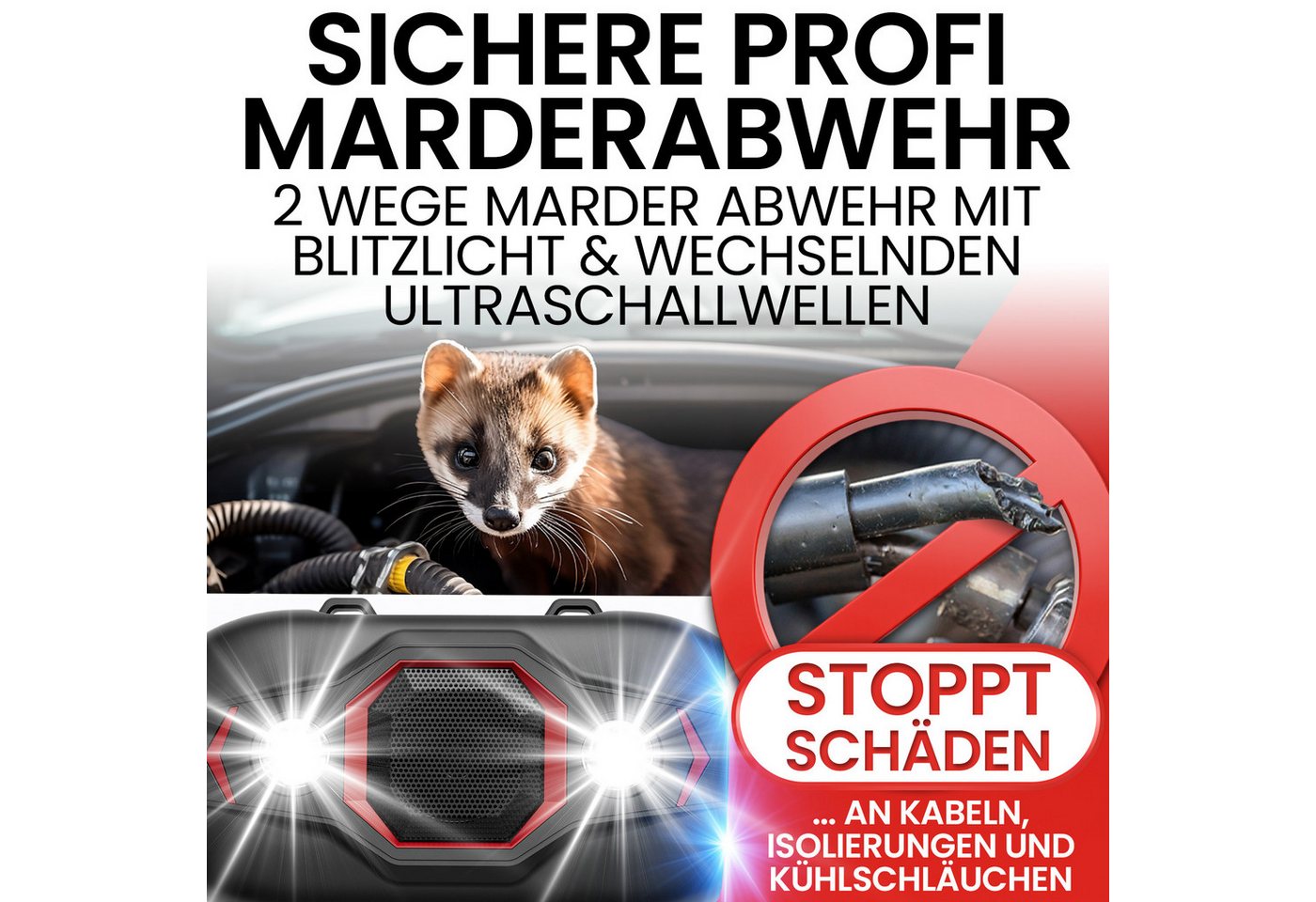 HEIMWERT Ultraschall-Tierabwehr Marderschreck Profi Ultraschall Marderschutz Auto, 1-tlg., Ultraschall Marderschutz für sofortigen Erfolg, 2 Wege Marder Abwehr mit Blitzlicht/wechselnden Ultraschall Frequenzen