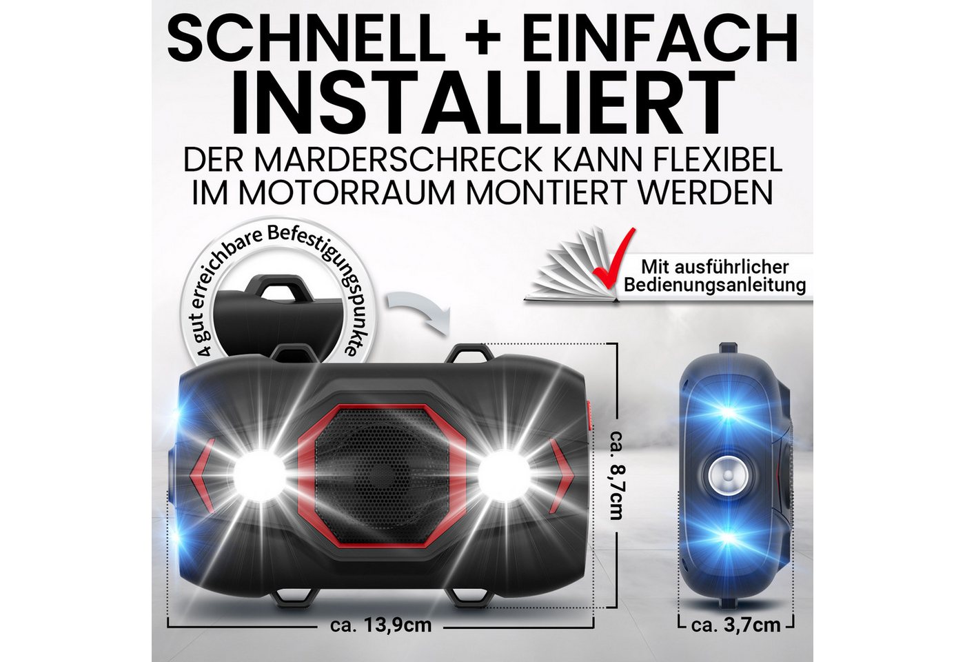 HEIMWERT Ultraschall-Tierabwehr Marderschreck Profi Ultraschall Marderschutz Auto, 1-tlg., Ultraschall Marderschutz für sofortigen Erfolg, 2 Wege Marder Abwehr mit Blitzlicht/wechselnden Ultraschall Frequenzen Bild 5