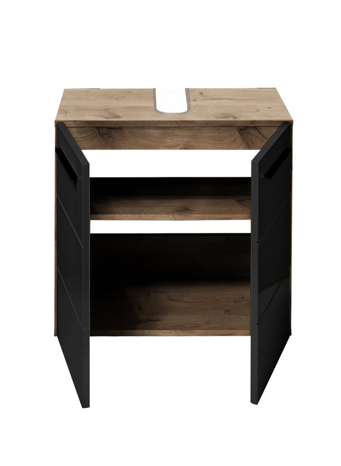 BEGA BBK Waschbeckenunterschrank 2 Türen, 1 Boden, schwarz / viking oak Dekor - 60x62x31 (BxHxT)