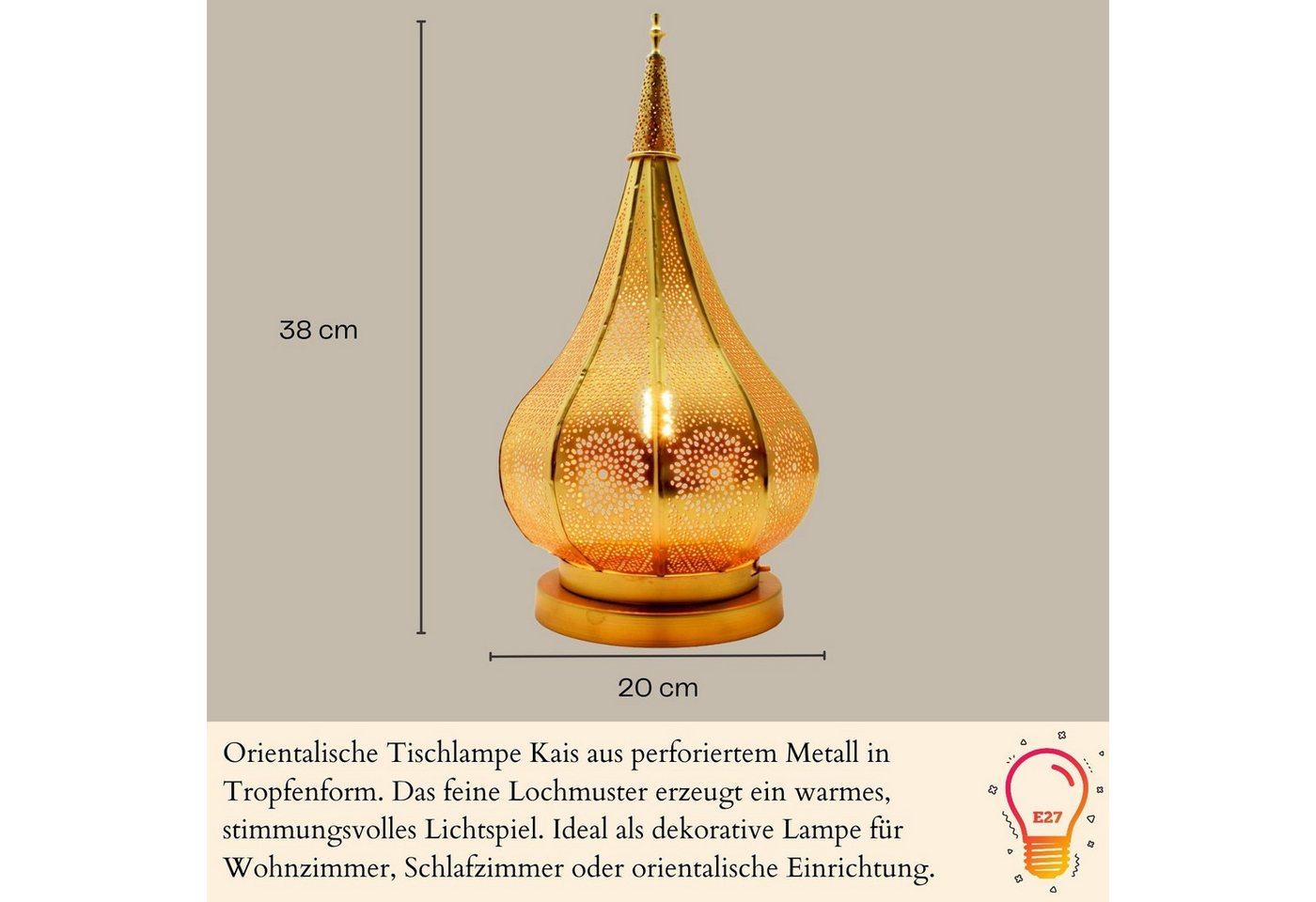 Marrakesch Orient & Mediterran Interior Tischleuchte Kais Tischlampe 38 cm gefertigt aus Eisen, Gold, E27, mit Schalter Bild 3